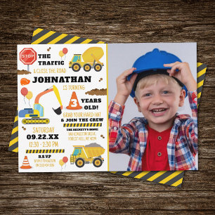Construction 3rd Birthday Photo Invitation