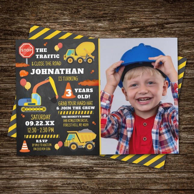Construction 3rd Birthday Photo Invitation (Creator Uploaded)