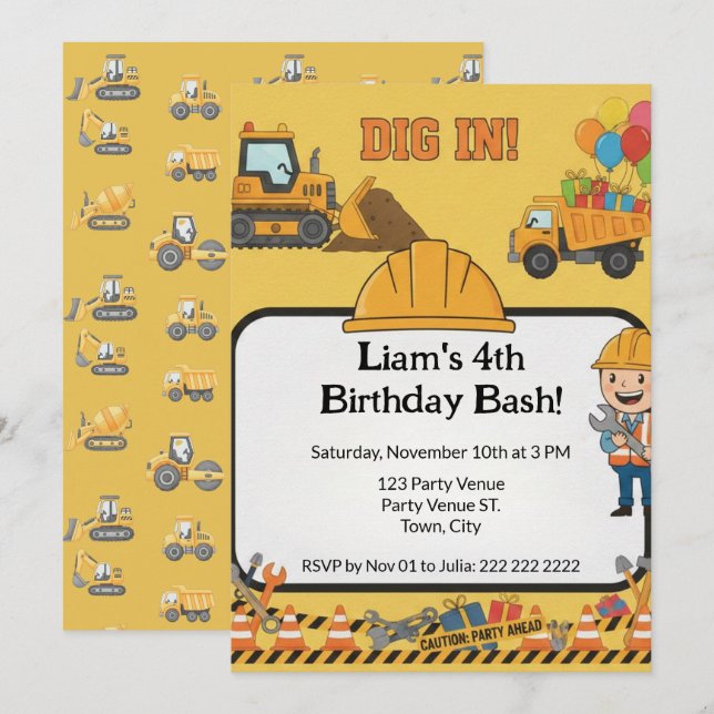 Construction 4th Birthday Invitation | Boy Truck  (Front/Back)