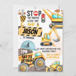 Construction 4th Birthday Party Dump Truck Digger Invitation