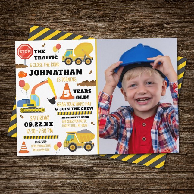 Construction 5th Birthday Photo Invitation (Creator Uploaded)