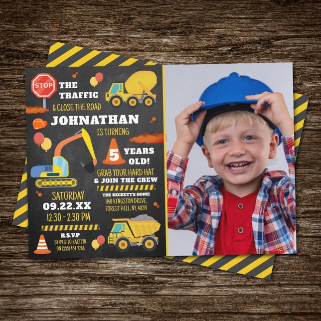 Construction 5th Birthday Photo Invitation (Creator Uploaded)