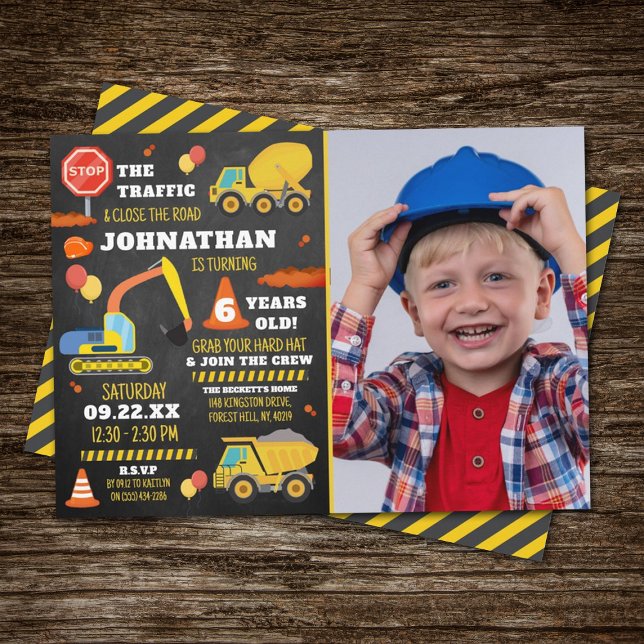 Construction 6th Birthday Photo Invitation (Creator Uploaded)