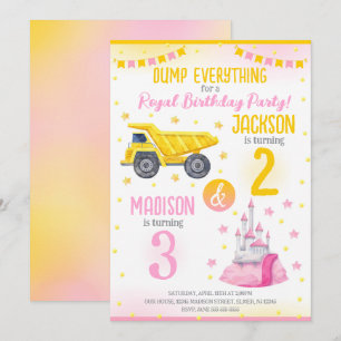 Construction and Princess  Siblings Joint Birthday Invitation