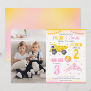 Construction and Princess Siblings Joint Birthday  Invitation
