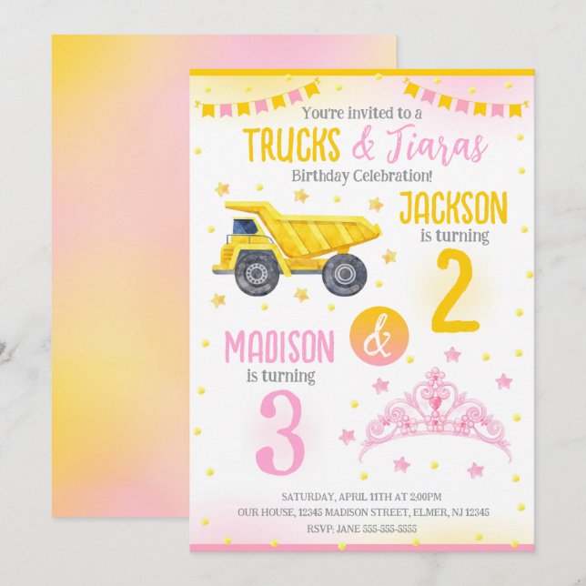 Construction and Princess  SIblings Joint Birthday Invitation (Front/Back)