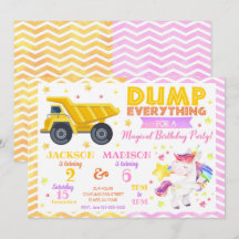 Construction and Unicorn Joint Birthday Invitation