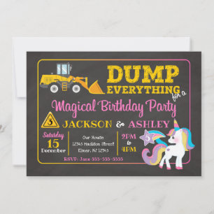Construction and Unicorn Joint Birthday Invitation