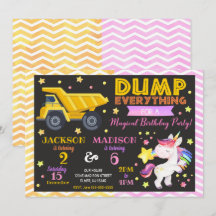 Construction and Unicorn Joint Birthday Invitation