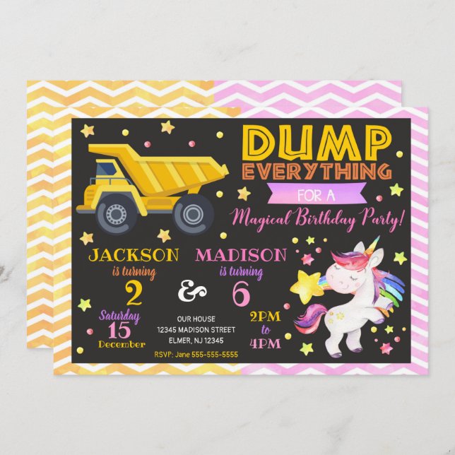 Construction and Unicorn Joint Birthday Invitation (Front/Back)