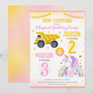 Construction and Unicorn Siblings Joint Birthday Invitation