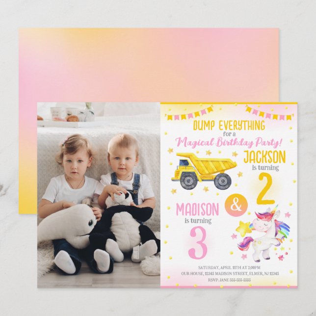 Construction and Unicorn Siblings Joint Birthday Invitation (Front/Back)