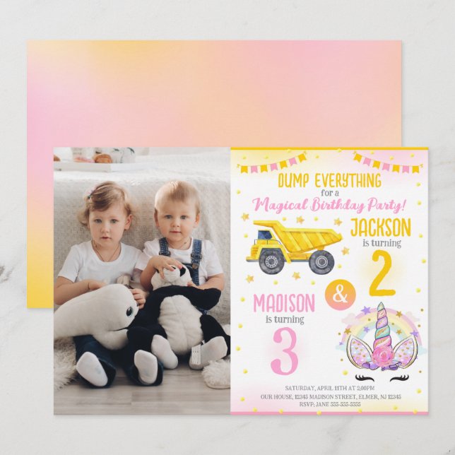 Construction and Unicorn Siblings Joint Birthday Invitation (Front/Back)