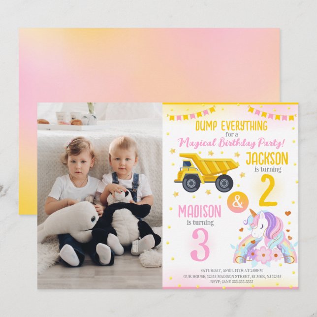 Construction and Unicorn Siblings Joint Birthday Invitation (Front/Back)