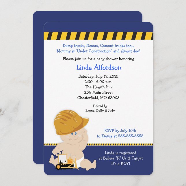 Construction Baby Boy Baby Shower Invite (Front/Back)