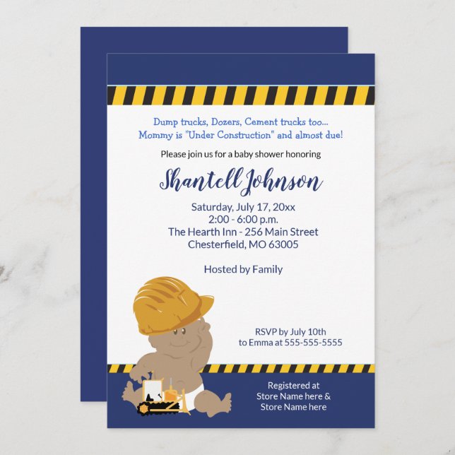 Construction Baby Dark Skin Baby Shower Invitation (Front/Back)