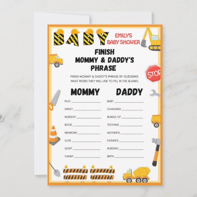 Construction Baby Shower Game - Editable Name - In Invitation (Front)