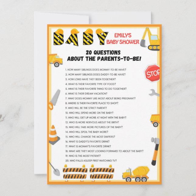 Construction Baby Shower Game - Editable Name - Invitation (Front)