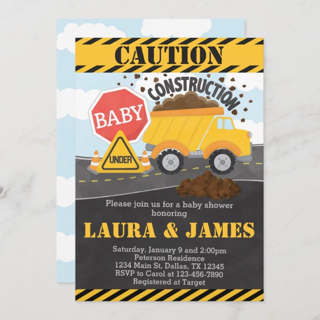 Construction Baby Shower Invitation Invite (Front/Back)