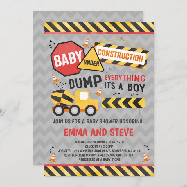 Construction Baby Shower Invitation Truck Shower (Front/Back)
