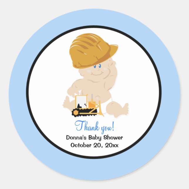 Construction Baby with Backhoe Round Favour Sticke Classic Round Sticker (Front)