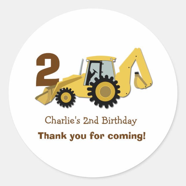 Construction Backhoe Birthday Favour Stickers (Front)