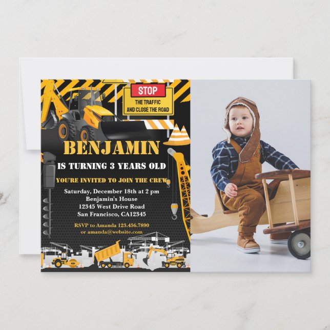 Construction Backhoe Kids Birthday Party Photo Invitation (Front)