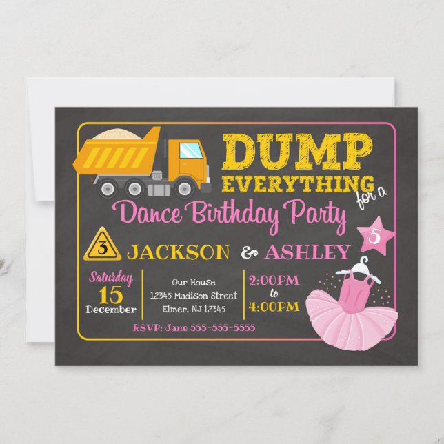 Construction & Ballerina Joint Birthday Invitation (Front)