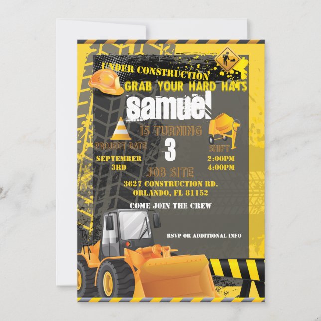 Construction Birthday bagger Invitation (Front)