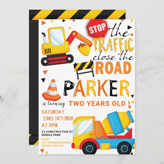 Construction Birthday Cute Invitation (Front/Back)