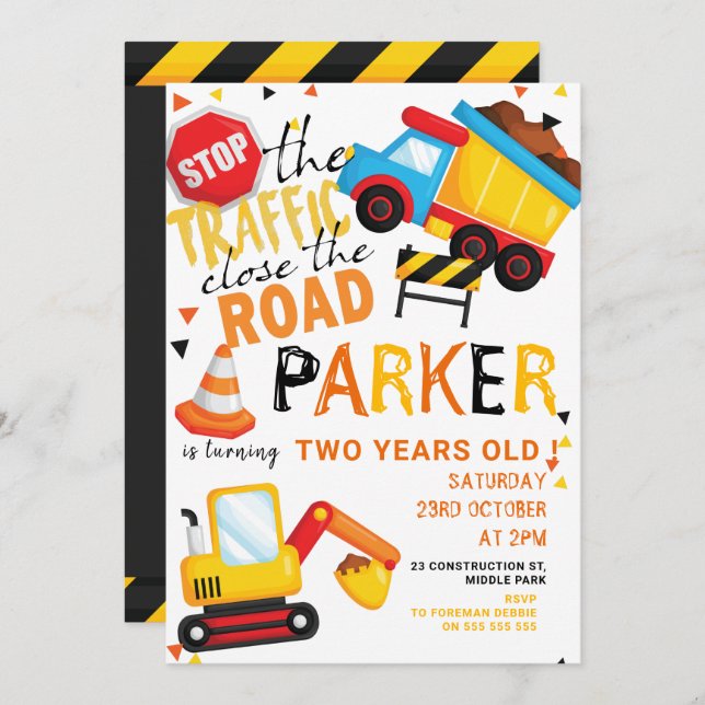 Construction Birthday Cute Invitation (Front/Back)