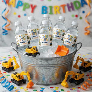 Construction Birthday Dig In Water Bottle Label