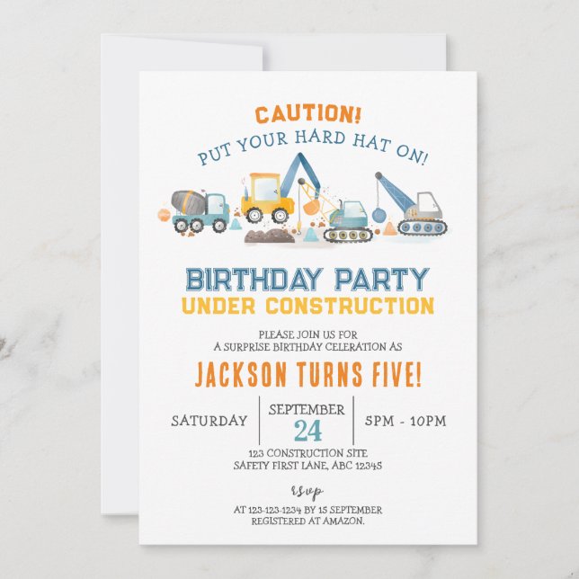 Construction Birthday, Digger Boy 5th Birthday Invitation (Front)