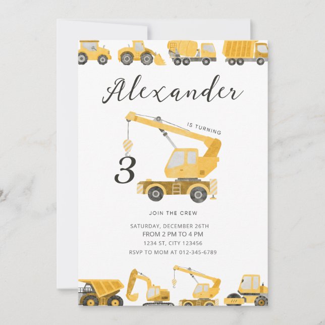 Construction Birthday Dump Truck Digger Excavator  Invitation (Front)
