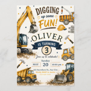 Construction Birthday, Dump Truck Excavator Invitation