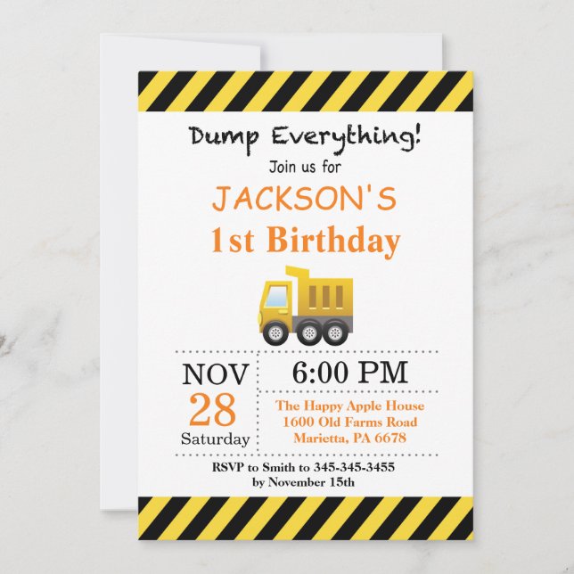 Construction Birthday Dump Truck Invitation (Front)