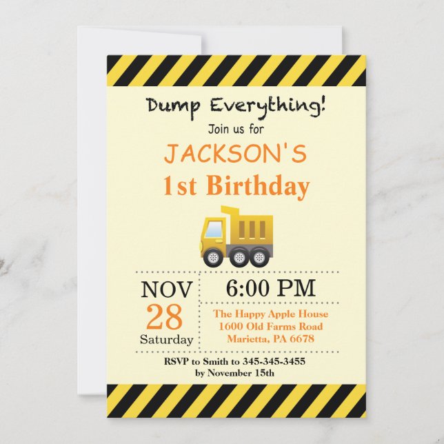 Construction Birthday Dump Truck Invitation (Front)