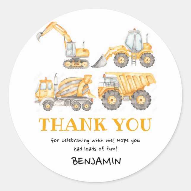 Construction Birthday Dump Truck Party Favour Classic Round Sticker (Front)