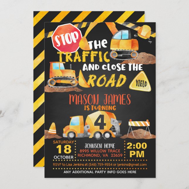 Construction Birthday Invitation - Blk (Front/Back)