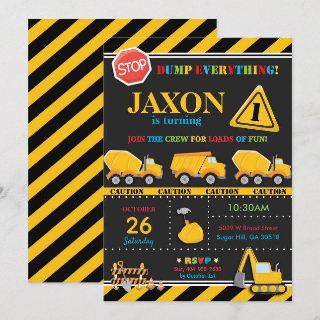 Construction Birthday Invitation Boy (Front/Back)