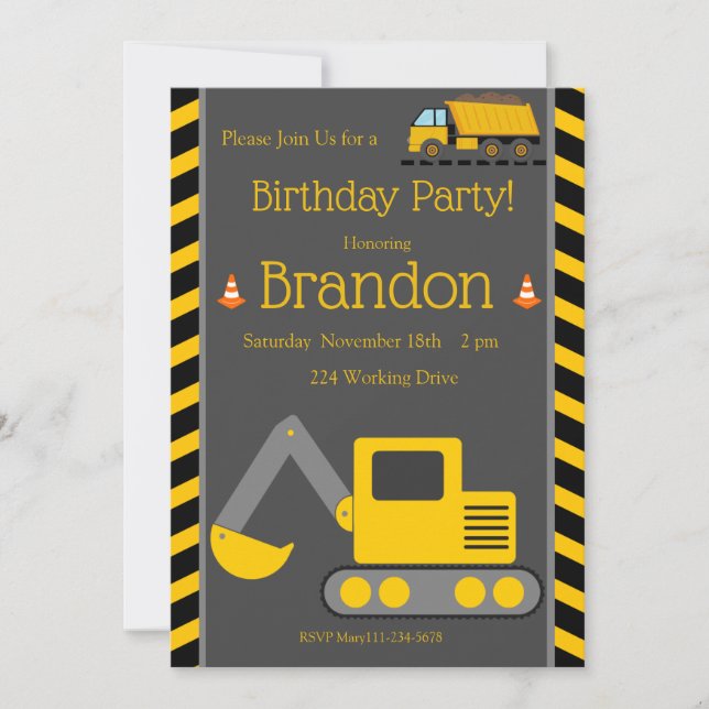 Construction Birthday Invitation, Bull Dozer  Invitation (Front)