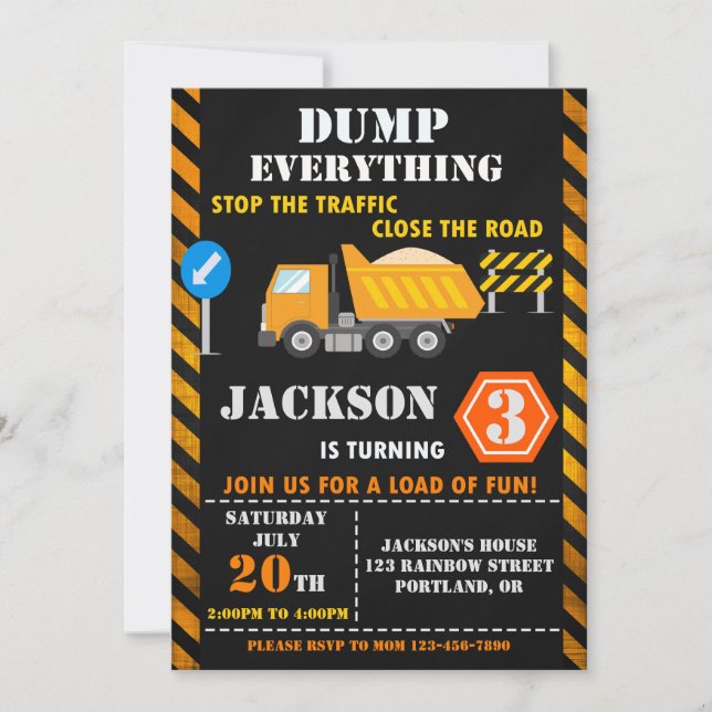 Construction birthday invitation Dump truck invite (Front)