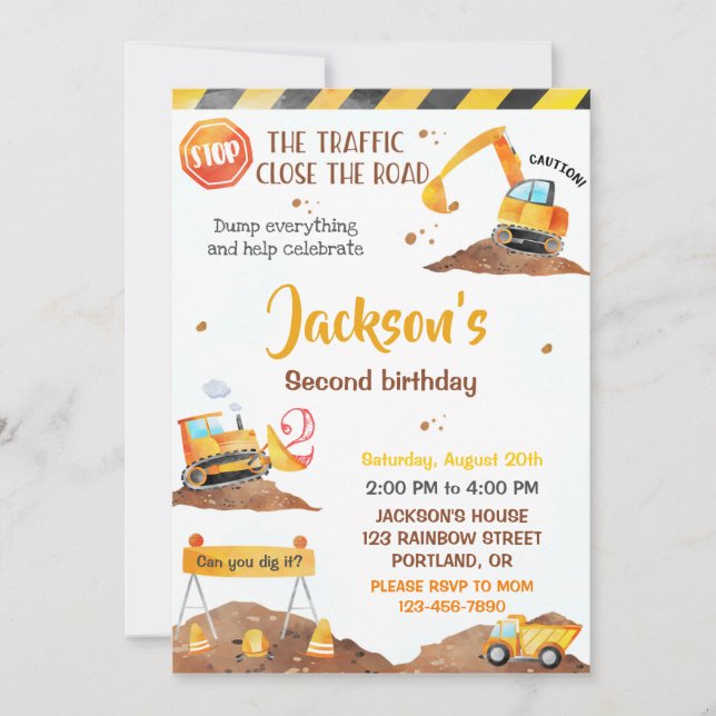 Construction birthday invitation Dump truck invite (Front)