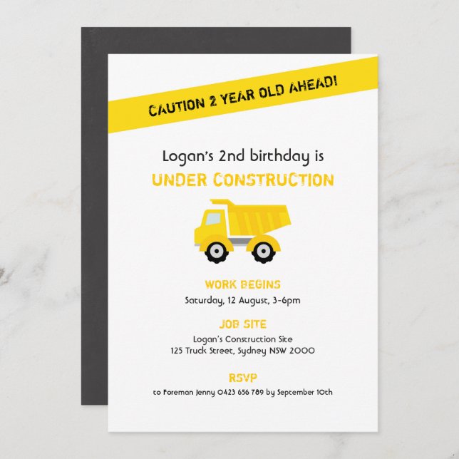 Construction Birthday Invitation, White Invitation (Front/Back)