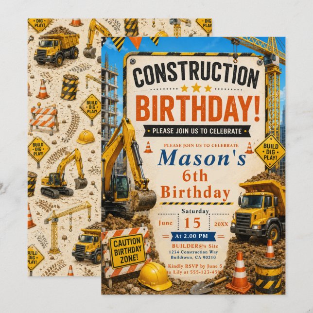 Construction Birthday Party Invitation (Front/Back)