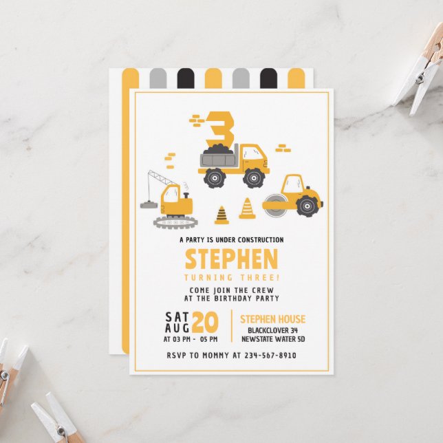 Construction Birthday Party Invitation Templates  (Front/Back In Situ)