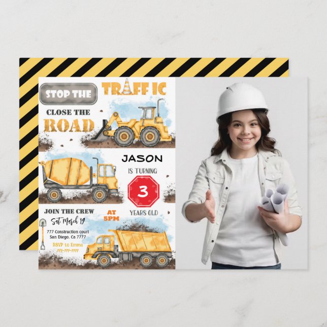 Construction Birthday Party Invitation With Photo (Front/Back)