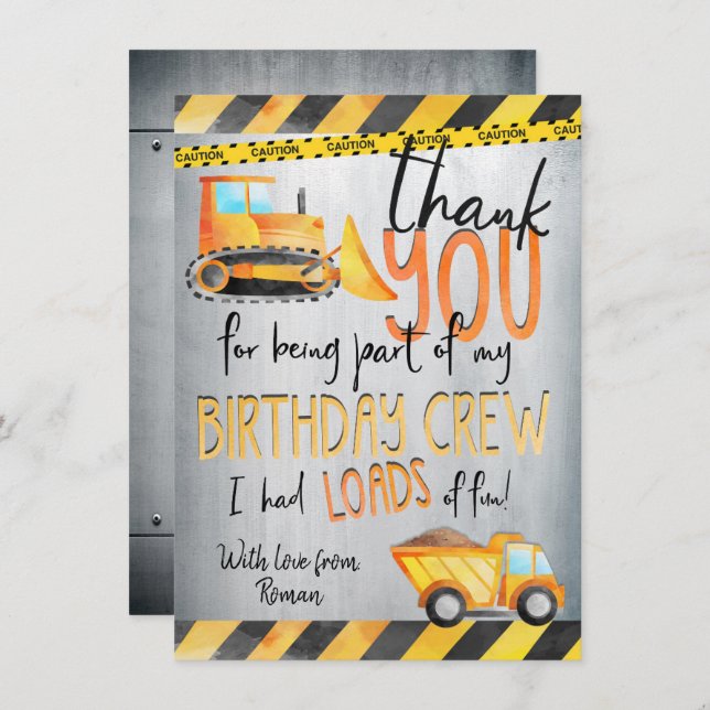 Construction Birthday Party Thank You Note Cards (Front/Back)