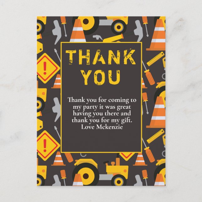 Construction Birthday Party Thank You Postcard (Front)