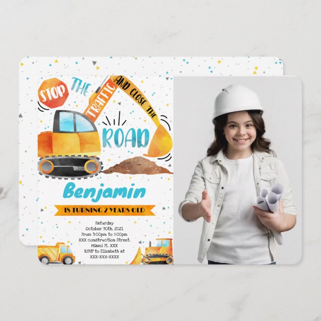 Construction Birthday Photo invitations (Front/Back)